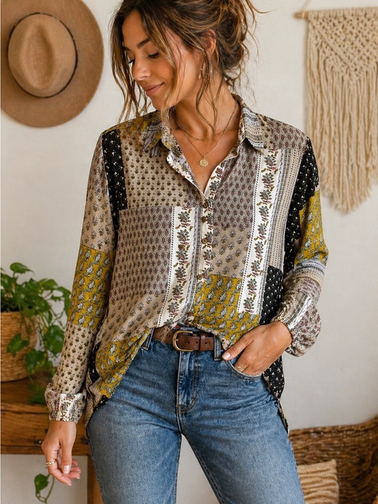BUCKETLIST Tops - Bucketlist Patchwork Paisley Boho Button Down Blouse Mustard L